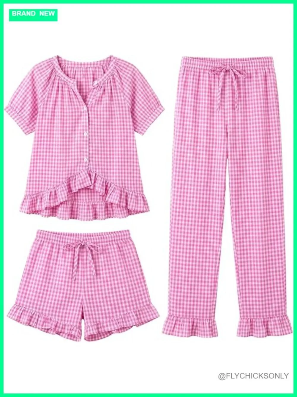 3 Piece Gingham Pajama Set Ruffle Short Sleeve Top Long Pants & Shorts Cotton